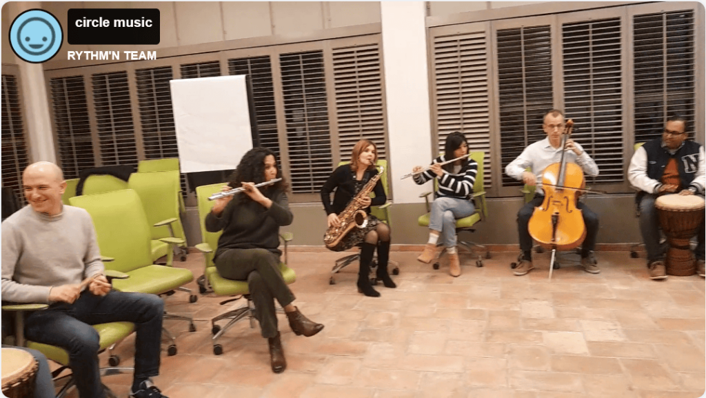 circle music, teambuilding musical avec saxophone, flûtes, violoncelle et percussions